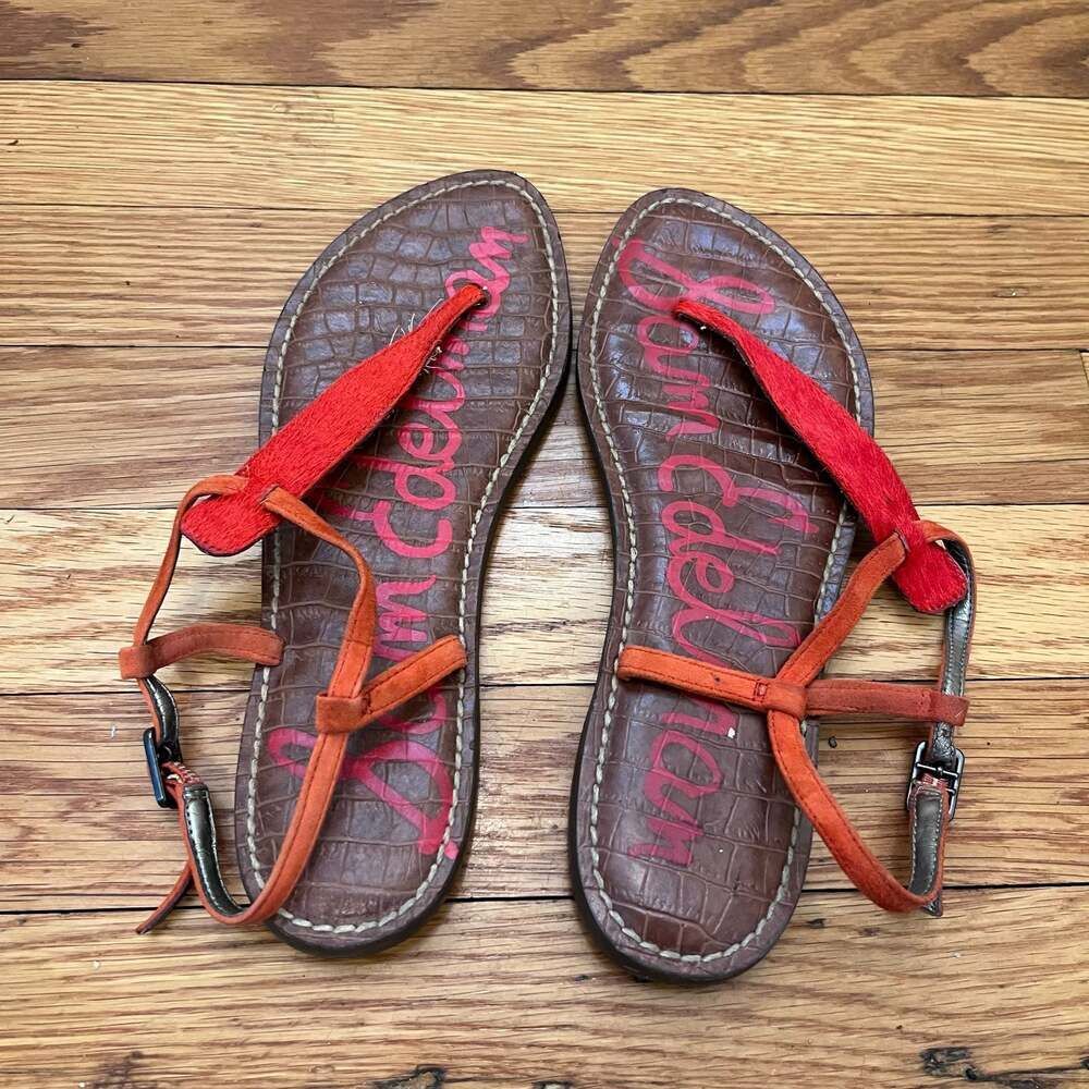 Sam Edelman Gigi Orange Suede Red Calf Hair Thong Sandals Slip On Buckle Size 7M
